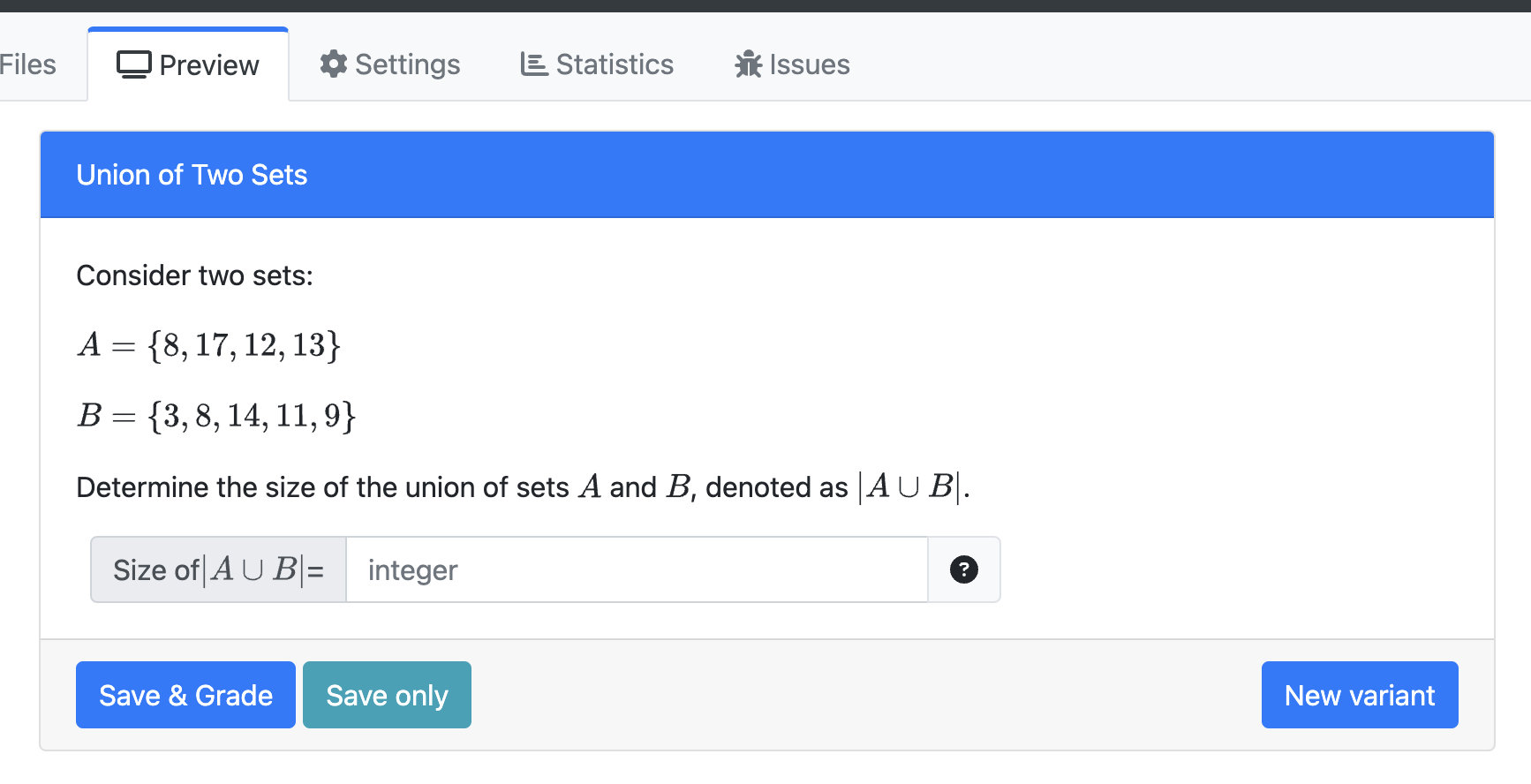 Screenshot of a &ldquo;Union of Two Sets&rdquo; question instance